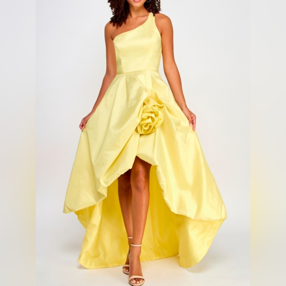 Violet Weekend Womens Yellow Zippered Lined Rosette Accent Hi-lo Hem Sleeveless